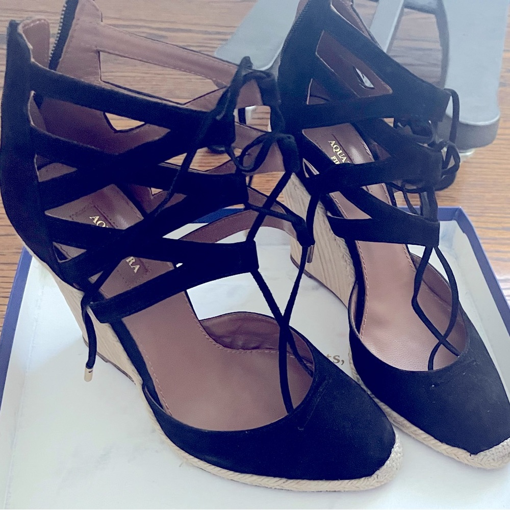 Aquazzura size 40 black wedges with box. Bought at Saks in Toronto.